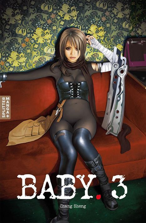 Text: "SPLITTER MANGA", "BABY .3", "Chang Sheng". Frau in schwarzem Outfit auf rotem Sofa, Wand mit gelbem Muster im Hintergrund.