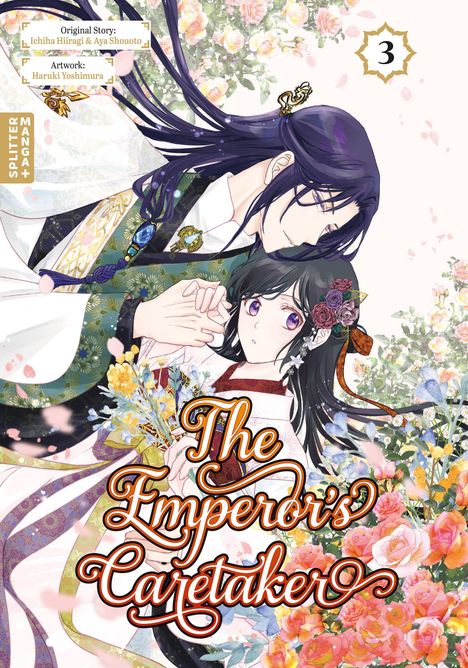 "The Emperor's Caretaker" steht in geschwungenen Buchstaben. Zwei Personen in traditioneller Kleidung umgeben von Blumen.
