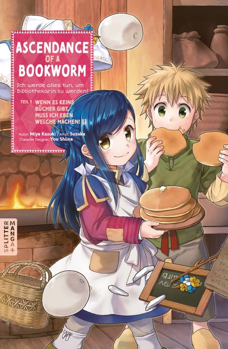 Titel: "Ascendance of a Bookworm". Zwei Figuren mit Pfannkuchen; eine mit blauen Haaren, die andere blond. Warme, einladende Szene.