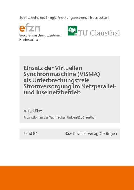 "Einsatz der virtuellen Synchronmaschine (VISMA)" auf grauem Rechteck. Logos von efzn und TU Clausthal darüber.