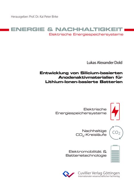 Titel: Entwicklung von Silicium-basierten Anodenaktivmaterialien für Lithium-Ionen-Batterien. Logos und Symbole enthalten.