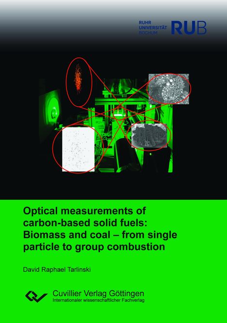 Titel: "Optical measurements of carbon-based solid fuels: Biomass and coal." Name: David Raphael Tarlinski. Logo: Cuvillier Verlag.