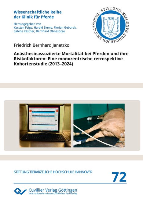 "Wissenschaftliche Reihe der Klinik für Pferde" oben, "Stiftung Tierärztliche Hochschule Hannover" unten. Links PC, rechts Pferd.