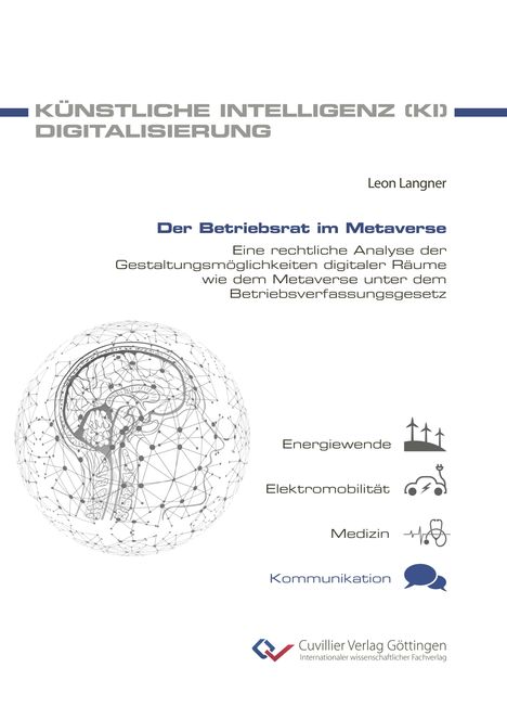 Cover eines Buches über Metaverse, KI, mit Energie-, Mobilitäts- und Kommunikationssymbolen. Text von Leon Langner.