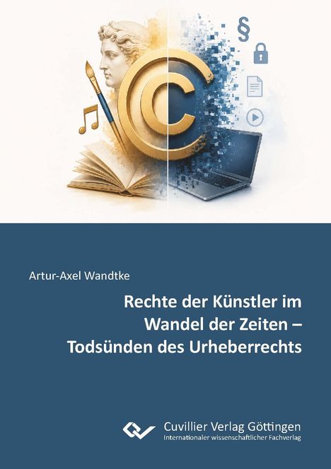 Buchtitel: "Rechte der Künstler im Wandel der Zeiten – Todsünden des Urheberrechts" von Artur-Axel Wandtke. Links: klassische Symbole, rechts: digitale Symbole.