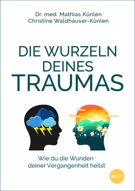 Titel: "Die Wurzeln deines Traumas". Silhouetten: links Gewitter, rechts Blumenwiese bei Sonnenuntergang.