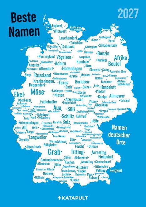 Text: "Beste Namen 2027, Namen deutscher Orte." 
Illustration einer Deutschlandkarte mit Ortsnamen.