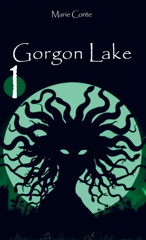 „Gorgon Lake 1“ und „Marie Conte“ in Weiß. Silhouette einer Gorgone vor einem grünen Mond.