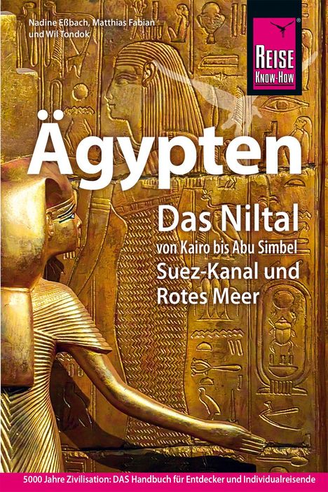 Ägypten-Reiseführer, Texte über Nil, Suez, Rotes Meer. Hintergrund: antike ägyptische Reliefs. Oben rechts: pinkes Logo.