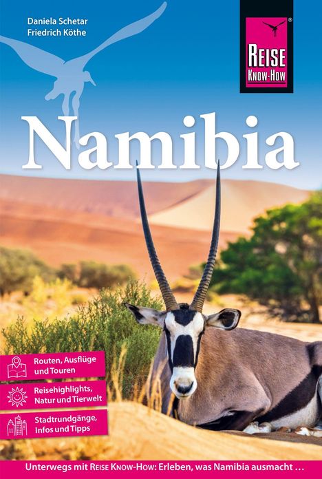 "Namibia" in großen Buchstaben, darunter eine liegende Antilope vor einer Wüstenlandschaft mit Bäumen und Dünen.