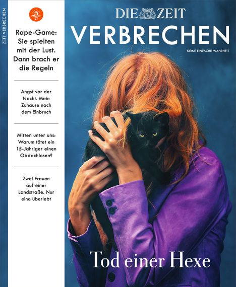 „Rape-Game: Sie spielten mit der Lust.“, „Tod einer Hexe“. Frau mit Katze vor blauem Hintergrund.