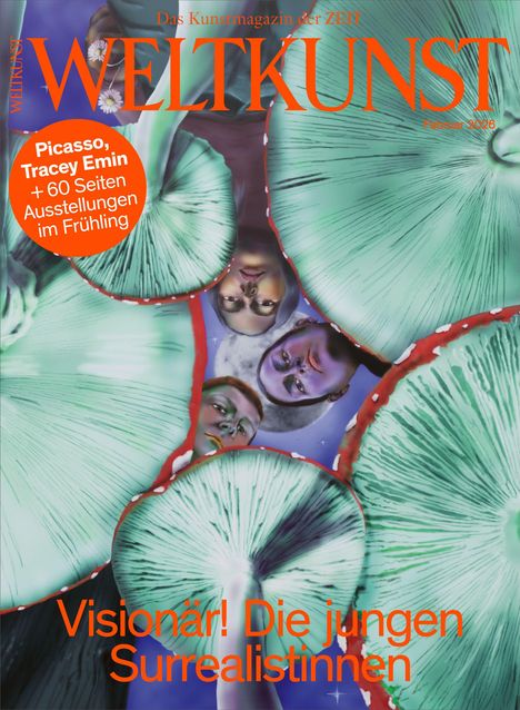 "WELTKUNST", "Visionär! Die jungen Surrealistinnen", Illustration mit Gesichtern und surrealen Pilzen im Vordergrund.