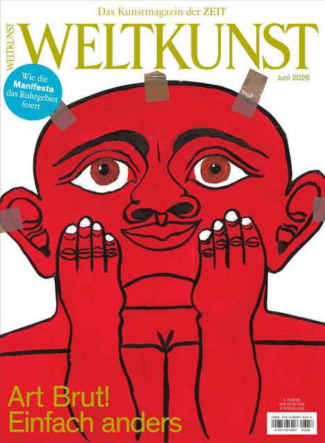 WELTKUNST, Das Kunstmagazin der ZEIT, Juni 2026. Illustration: Rotfigur hält sich das Gesicht.