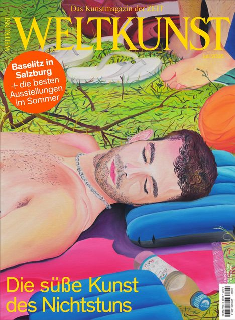 Text: "Baselitz in Salzburg + die besten Ausstellungen im Sommer. Die süße Kunst des Nichtstuns." Illustration: Ruhender Mann.