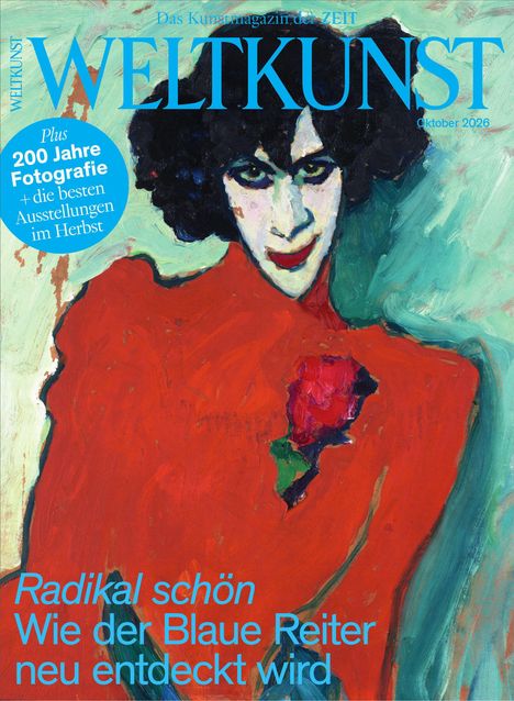 Titel: WELTKUNST. Thema: Radikal schön - Wie der Blaue Reiter neu entdeckt wird. Illustration einer Person in Rot.