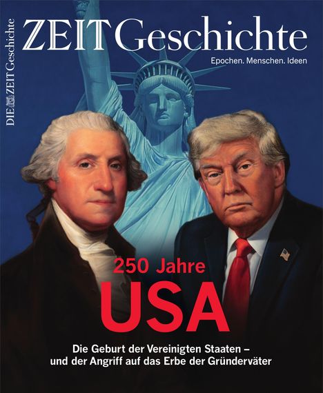 „250 Jahre USA“, „Die Geburt der Vereinigten Staaten“, Skulptur der Freiheitsstatue, zwei bedeutende Männer im Anzug.