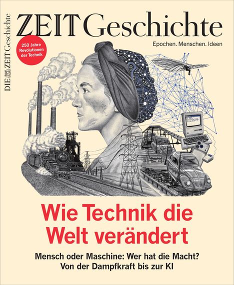 Titel: "Wie Technik die Welt verändert". Illustration: Frau, Technikgeschichte von Dampfmaschinen zu Computern und KI.