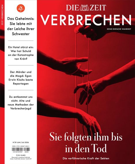 „Das Geheimnis: Sie lebte mit der Leiche ihrer Schwester“, roter Hintergrund, Hände mit Fäden, „Sie folgten ihm bis in den Tod“.