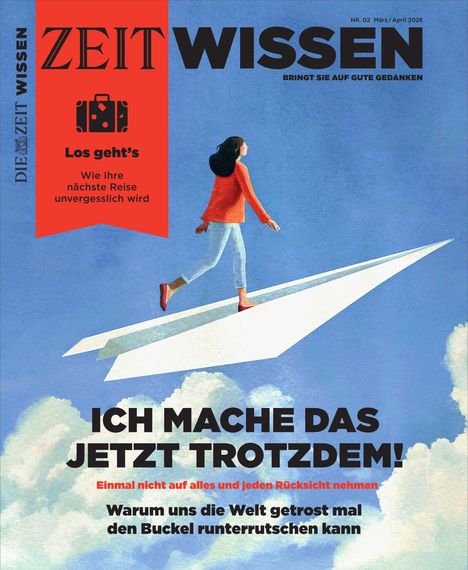 ZEIT WISSEN, Los geht's. Ich mache das jetzt trotzdem! Illustration: Frau auf Papierflieger am Himmel.