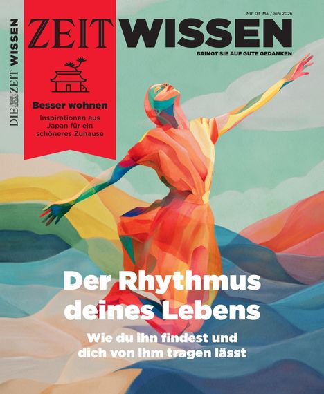 Text: "Der Rhythmus deines Lebens. Wie du ihn findest und dich von ihm tragen lässt." Illustration: Bunte, dynamische Figur.