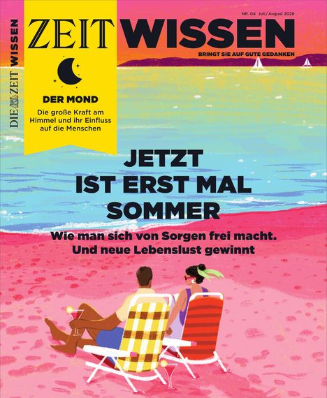 "JETZT IST ERST MAL SOMMER. Wie man sich von Sorgen frei macht. Und neue Lebenslust gewinnt." Illustration: Strand mit Liegestühlen.