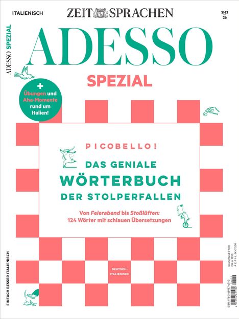 „ADESSO SPEZIAL: Das geniale Wörterbuch der Stolperfallen.“ Schachbrettmuster, Text auf Deutsch und Italienisch.