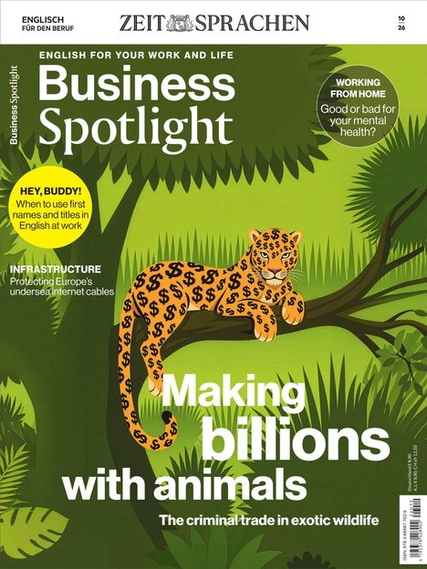 Titel: „Business Spotlight“. Haupttext: „Making billions with animals“. Ein Leopard mit Dollarzeichen im Dschungel.