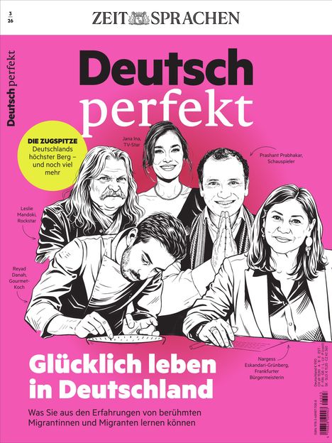 Titel: Deutsch perfekt. Haupttext: Glücklich leben in Deutschland. Illustration mit fünf Personen.