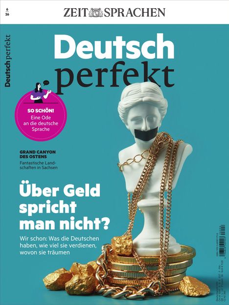 Titel: "Deutsch perfekt." Text: "Über Geld spricht man nicht?" Illustration einer Statue, deren Mund mit schwarzem Band bedeckt ist.