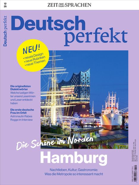 „Deutsch perfekt“, „Hamburg: Die Schöne im Norden“, „Neues Design“, „Nachtleben, Kultur“, Schiff und Elbphilharmonie.