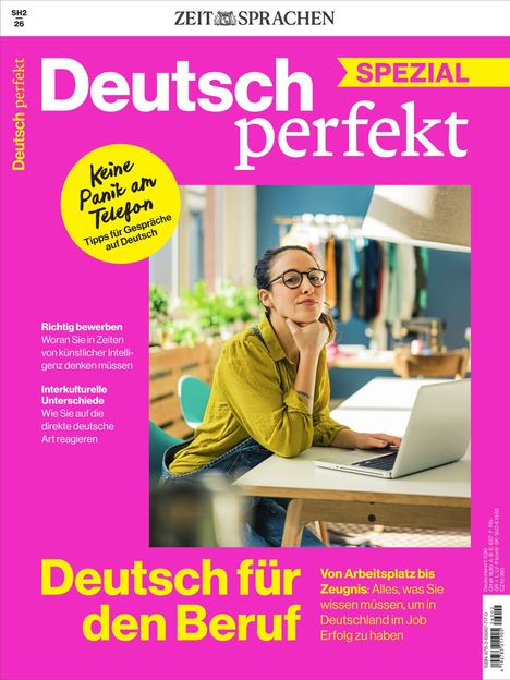 „Deutsch perfekt SPEZIAL“, „Keine Panik am Telefon. Tipps für Gespräche auf Deutsch“, Frau am Laptop, gelbes Hemd.