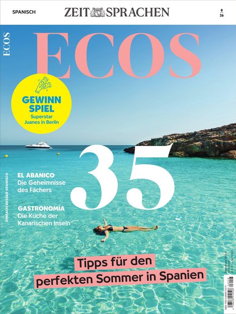 Titel "ECOS", großes "35", gelber Kreis "GEWINN SPIEL", "Tipps für den perfekten Sommer in Spanien", schwimmende Person im klaren Wasser.