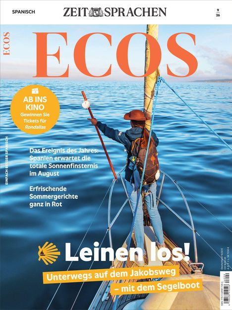 "ECOS" groß, Frau im Segelboot vor ruhigem Meer. Text: "Leinen los! Unterwegs auf dem Jakobsweg – mit dem Segelboot".