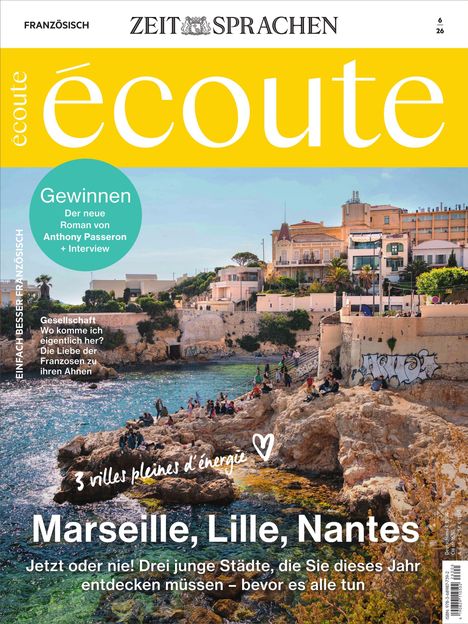 Titel: "écoute". Schlagworte: "Marseille, Lille, Nantes". Küstenlandschaft mit Gebäuden und Menschen.