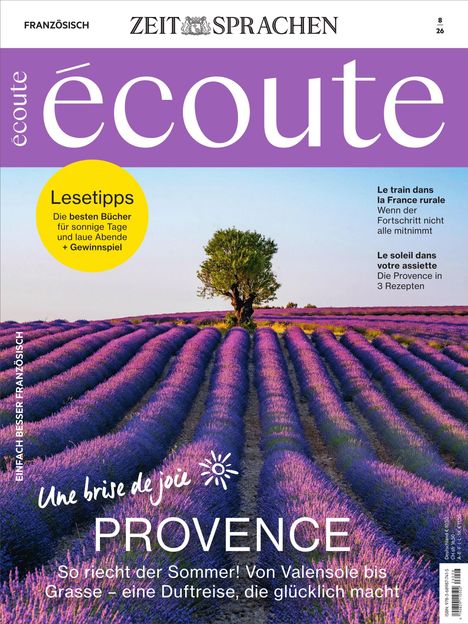 Titel: é coute. Lesetipps für sonnige Tage. "PROVENCE: So riecht der Sommer!" Lavendelfeld und Baum im Hintergrund.