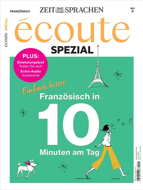 "écoute SPEZIAL: Einfach besser Französisch in 10 Minuten am Tag." Illustration: Frau, Eiffelturm, Pudel, Noten.