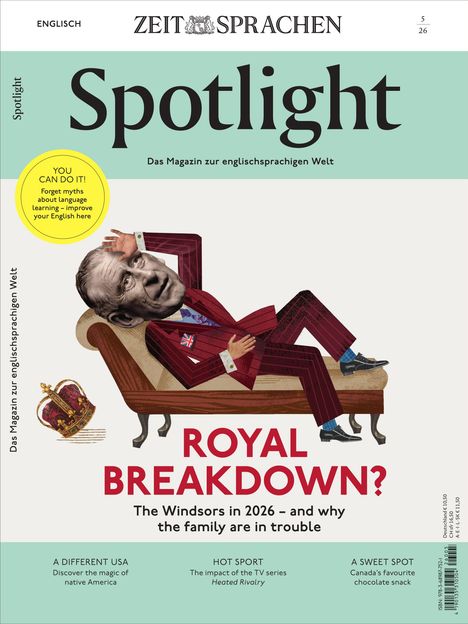 Texte: "ROYAL BREAKDOWN?", "The Windsors in 2026", "YOU CAN DO IT!" Illustration: Person mit erhobenem Finger auf Sofa.