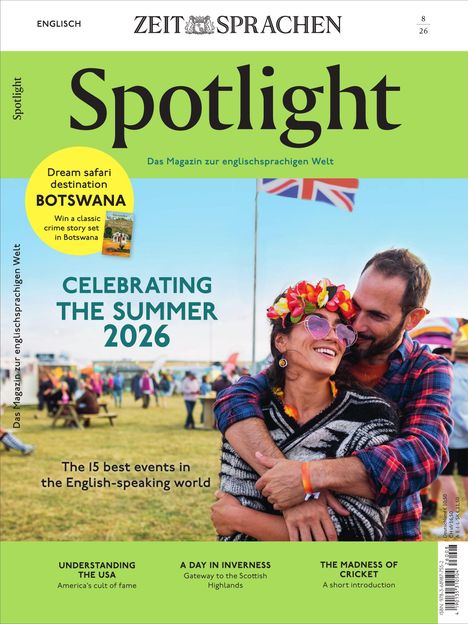 Text: "Spotlight", "Das Magazin zur englischsprachigen Welt", "CELEBRATING THE SUMMER 2026", "BOTSCHANA", ein Paar umarmt sich.