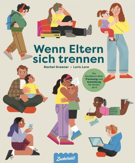 Text: "Wenn Eltern sich trennen. Ein Handbuch über Trennung und Scheidung für Kinder ab 6." Illustration mit Kindern und Eltern in Alltagssituationen.