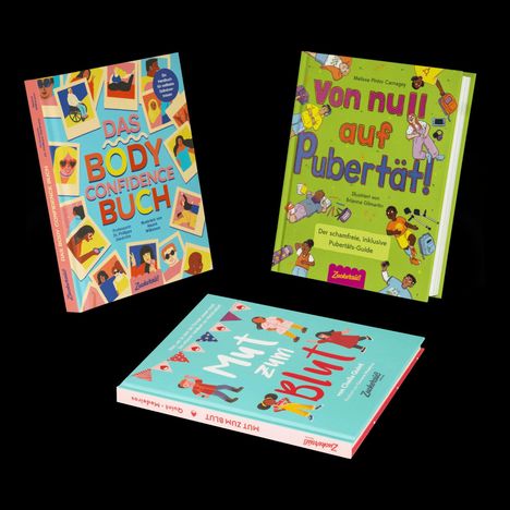 Drei bunte Bücher mit Titeln: "Das Body Confidence Buch," "Von null auf Pubertät!" und "Mut zum Blut."