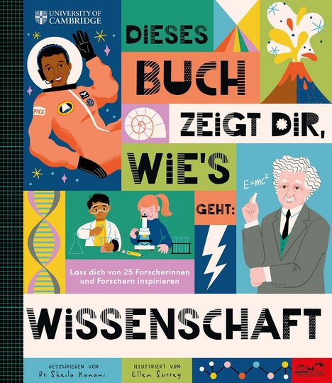 DIESES BUCH ZEIGT DIR, WIE'S GEHT: WISSENSCHAFT. Illustration mit Astronaut, Vulkan und Wissenschaftlerin.