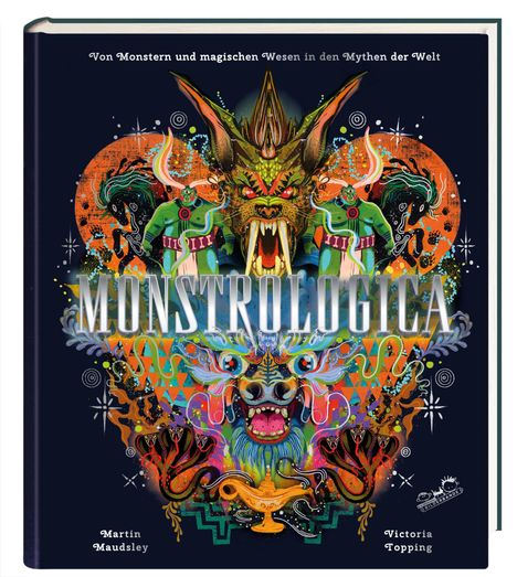 „Monstrologica“ in großen Buchstaben. Farbige, detaillierte Illustration eines Fantasiewesens mit Drachen und Lampe.