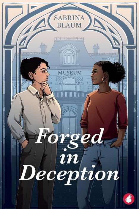 Texte: "SABRINA BLAUM", "MUSEUM", "Forged in Deception". Zwei Personen stehen einander gegenüber in einer Illustration.