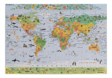 "Wo findest du mich?" Kinderweltkarte, bunte Illustration der Welt mit Tieren und Sehenswürdigkeiten auf Puzzle-Teilen.