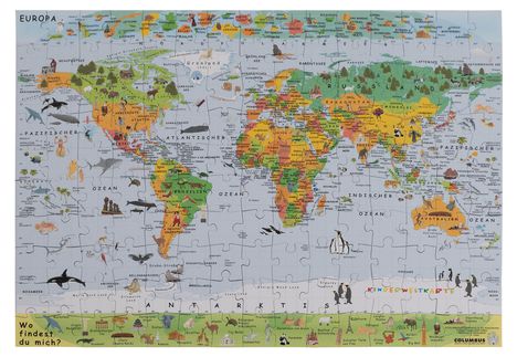 Text "Wo findest du mich?". Bunte Weltkarte mit Tieren, Städten und geografischen Besonderheiten für Kinder.