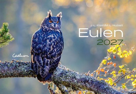 "Eulen 2027" steht neben einer Eule auf einem Ast, umgeben von buntem Herbstlaub und verschwommenem Hintergrund.