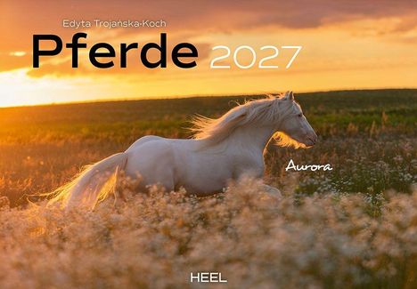 Text: "Edyta Trojańska-Koch, Pferde 2027, Aurora, HEEL." Ein weißes Pferd galoppiert durch eine Blumenwiese im Sonnenuntergang.