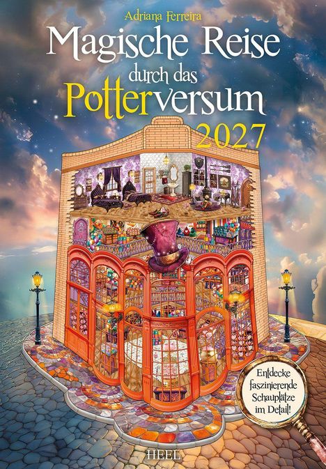 Titel: "Magische Reise durch das Potterversum 2027". Illustration eines detailreichen, magischen Gebäudes mit Zylindern und bunten Fassaden.