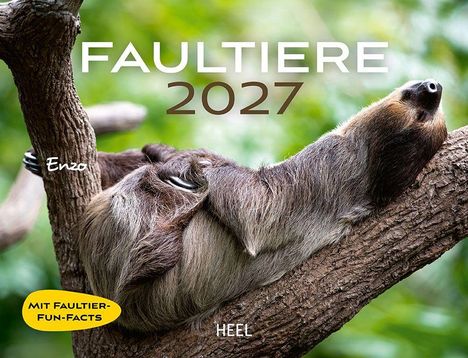 "Faultiere 2027", "Mit Faultier-Fun-Facts", "Enzo", "HEEL". Ein Faultier ruht auf einem Ast vor unscharfem, grünem Hintergrund.