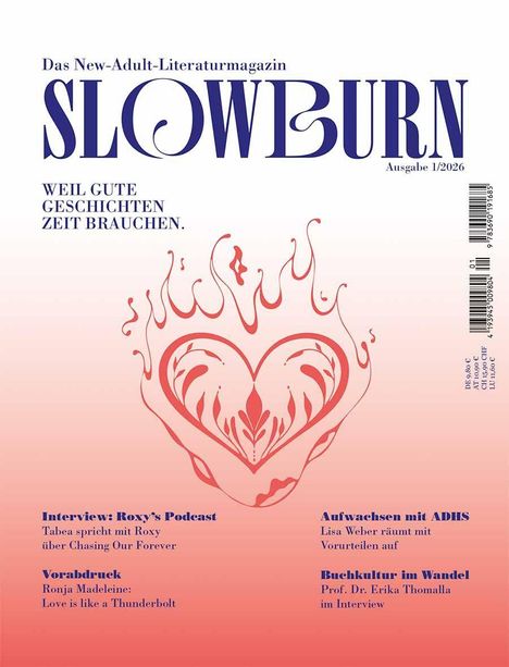 "Das New-Adult-Literaturmagazin SLOWBURN. Weil gute Geschichten Zeit brauchen." Oben Schrift, darunter stilisiertes Herz.